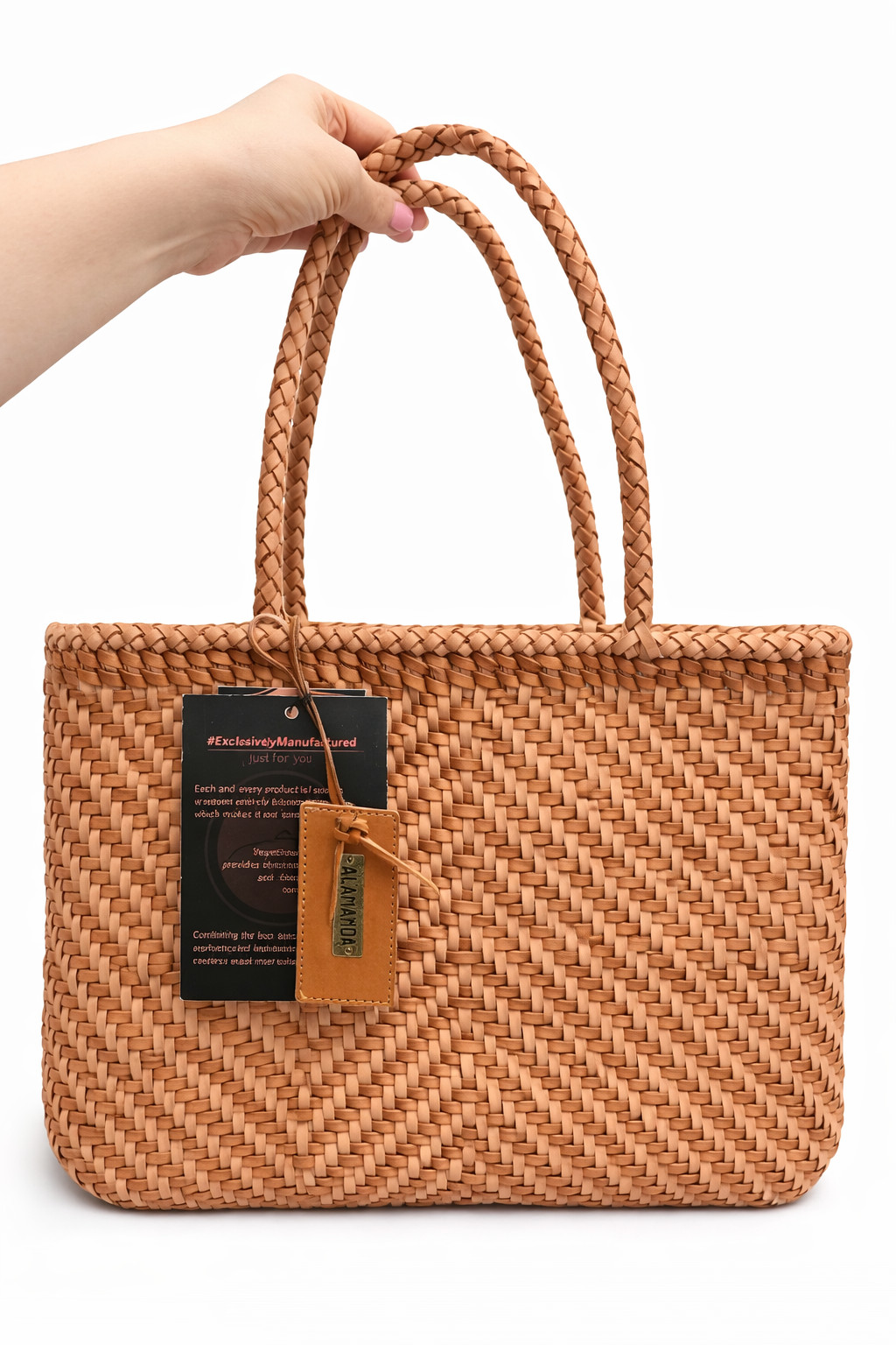 Woven Leather Tote Bag Handwoven Brown Shoulder Purse 15x10x4 Handmade