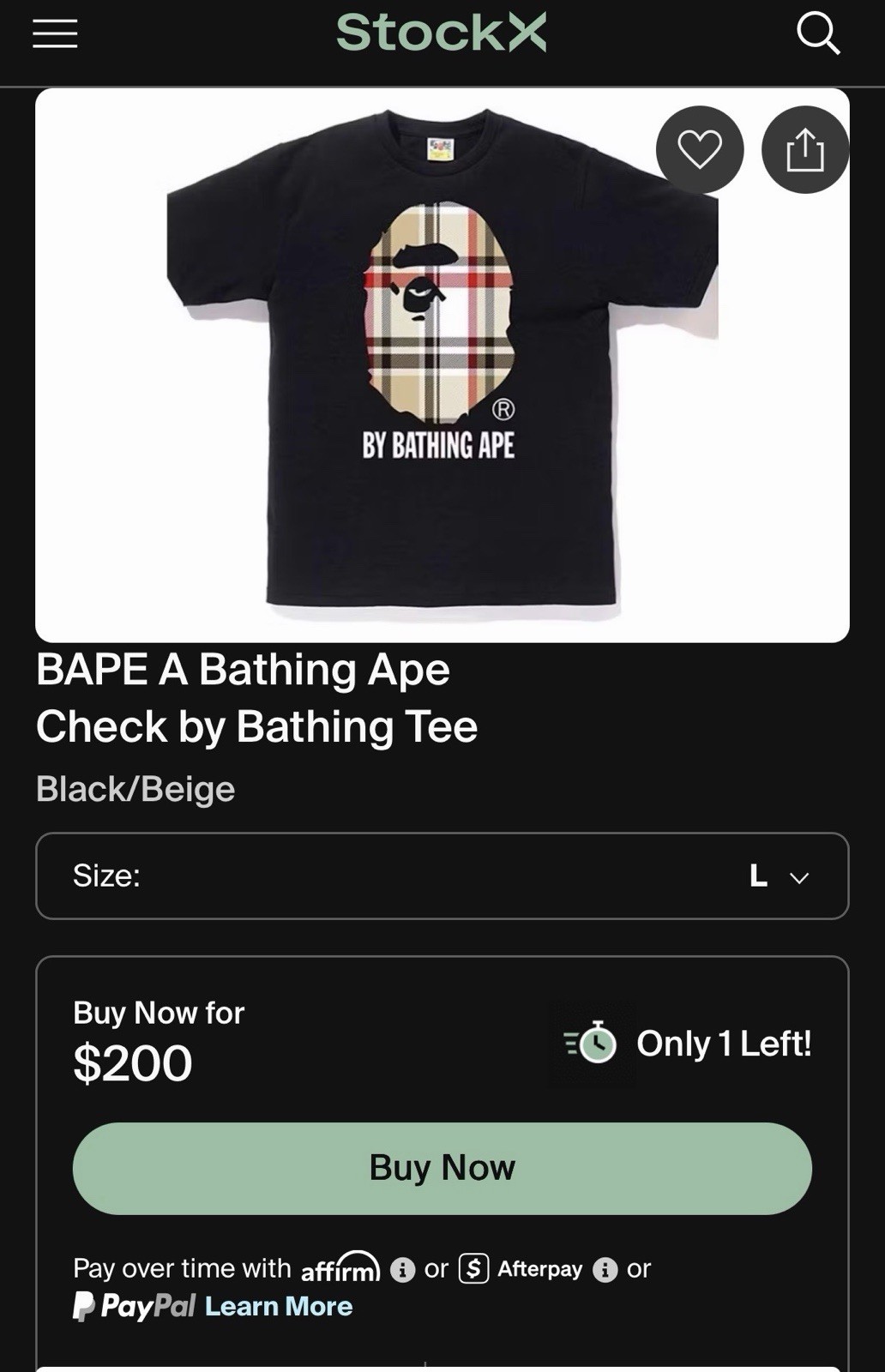 A Bathing Ape BAPE Black Check T Shirt Size L New With Tags & OG Bag