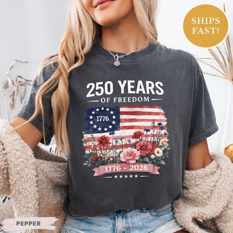 America 250 Years of Freedom Floral T-shirt, Woman 250th Anniversary Wildflower