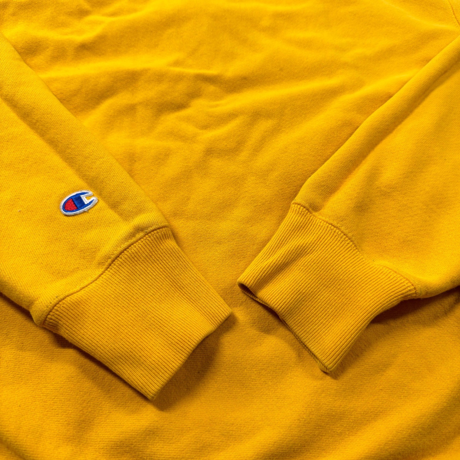 Champion Reverse Weave Hoodie Mens Medium Gold Yellow Good Script Logo GF68 BYC