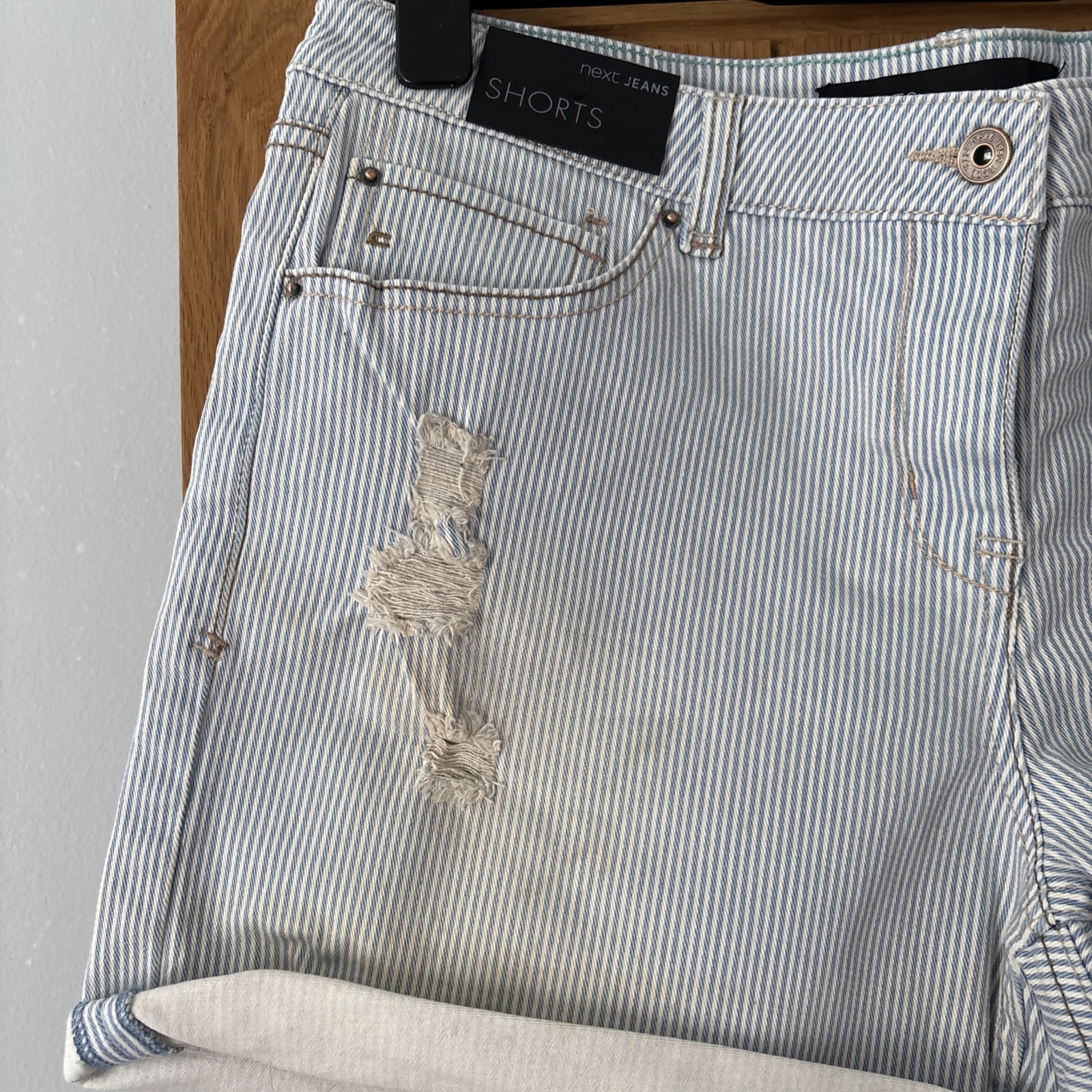 Next Light Wash Striped Distressed Denim Shorts Size 16 BNWOT