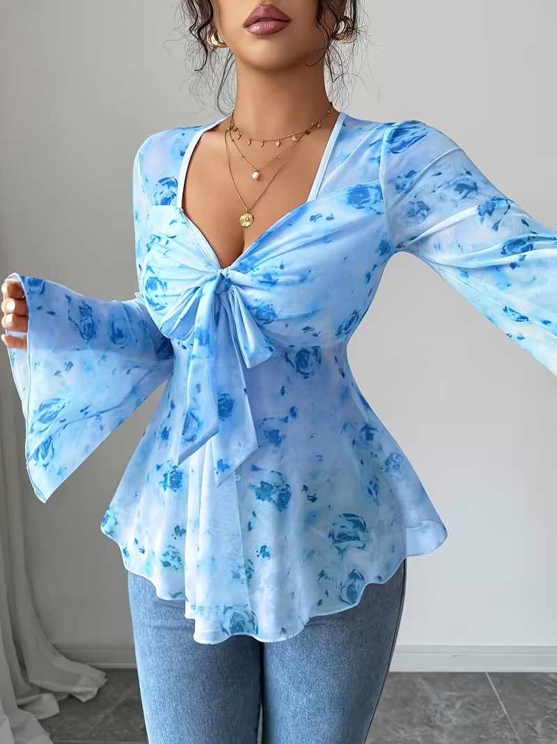 Floral Mesh Flared Sleeve Bow Neck Casual Elegant Tee
