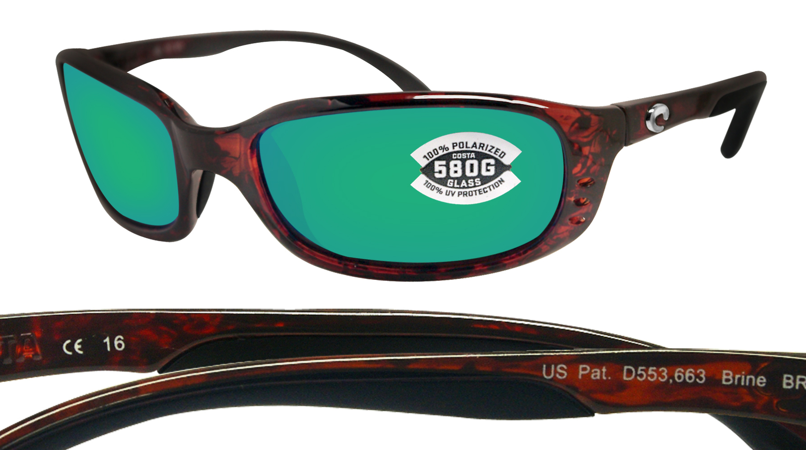 Costa Del Mar Brine Tortoise Green Mirror 580 Glass Polarized Lens BR10OGMGLP