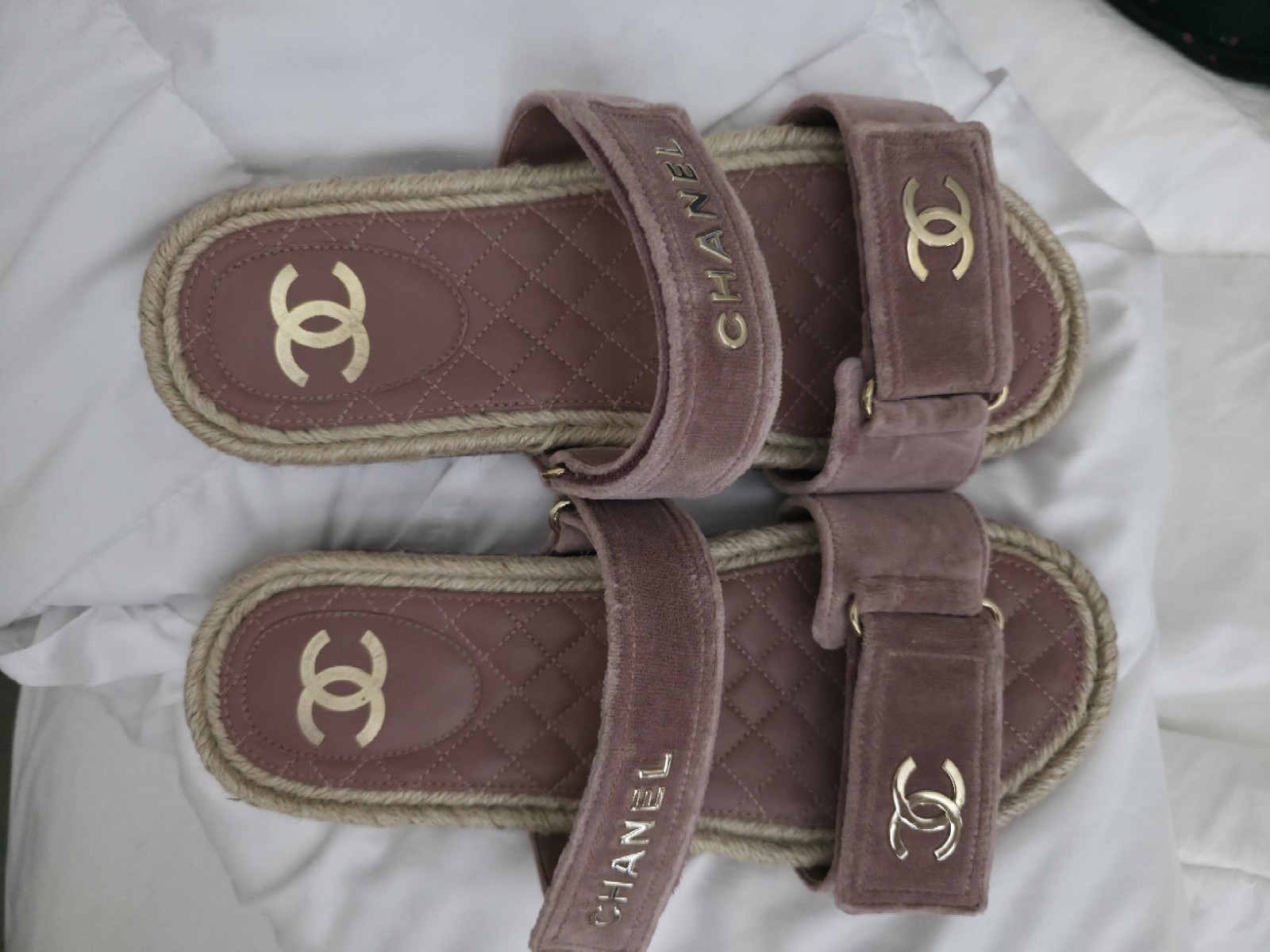CHANEL Velvet Espadrille Hook-and-loop fastener Slipper L461754 149678670
