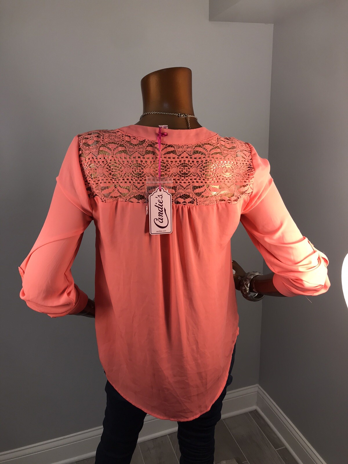Candie’s L Top Lace Mesh Yoke NWT $38 Coral 1/2 Button Up Shirt Blouse Low V Cut