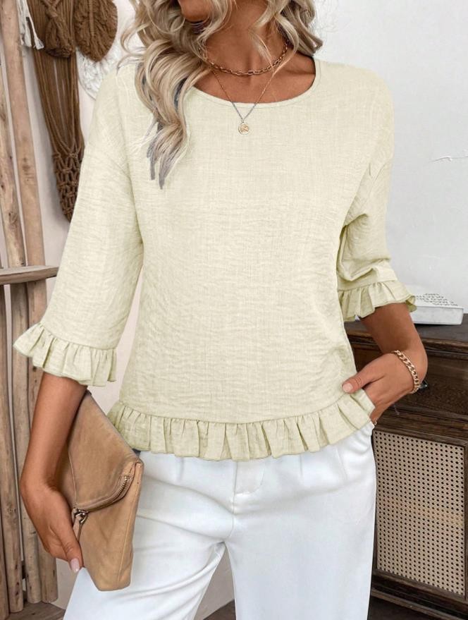 Round Neck Ruffle Sleeve Loose Casual Blouse Top