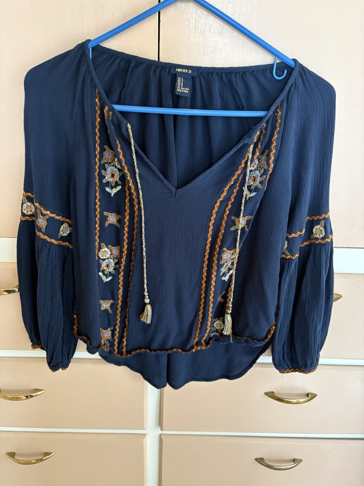 Forever 21 Navy Blue Embroidered Boho Peasant Blouse Size Small