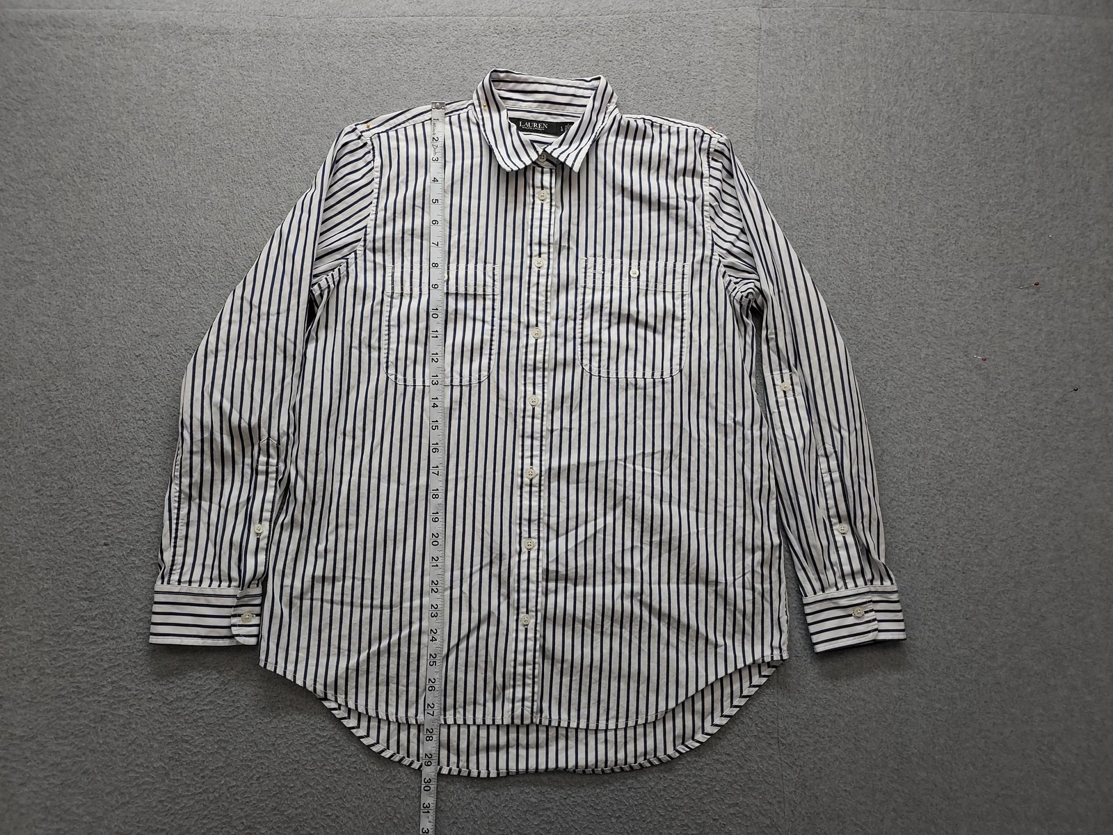 Lauren Ralph Lauren Shirt Womens Large White Blue Striped Button Up Long Sleeve