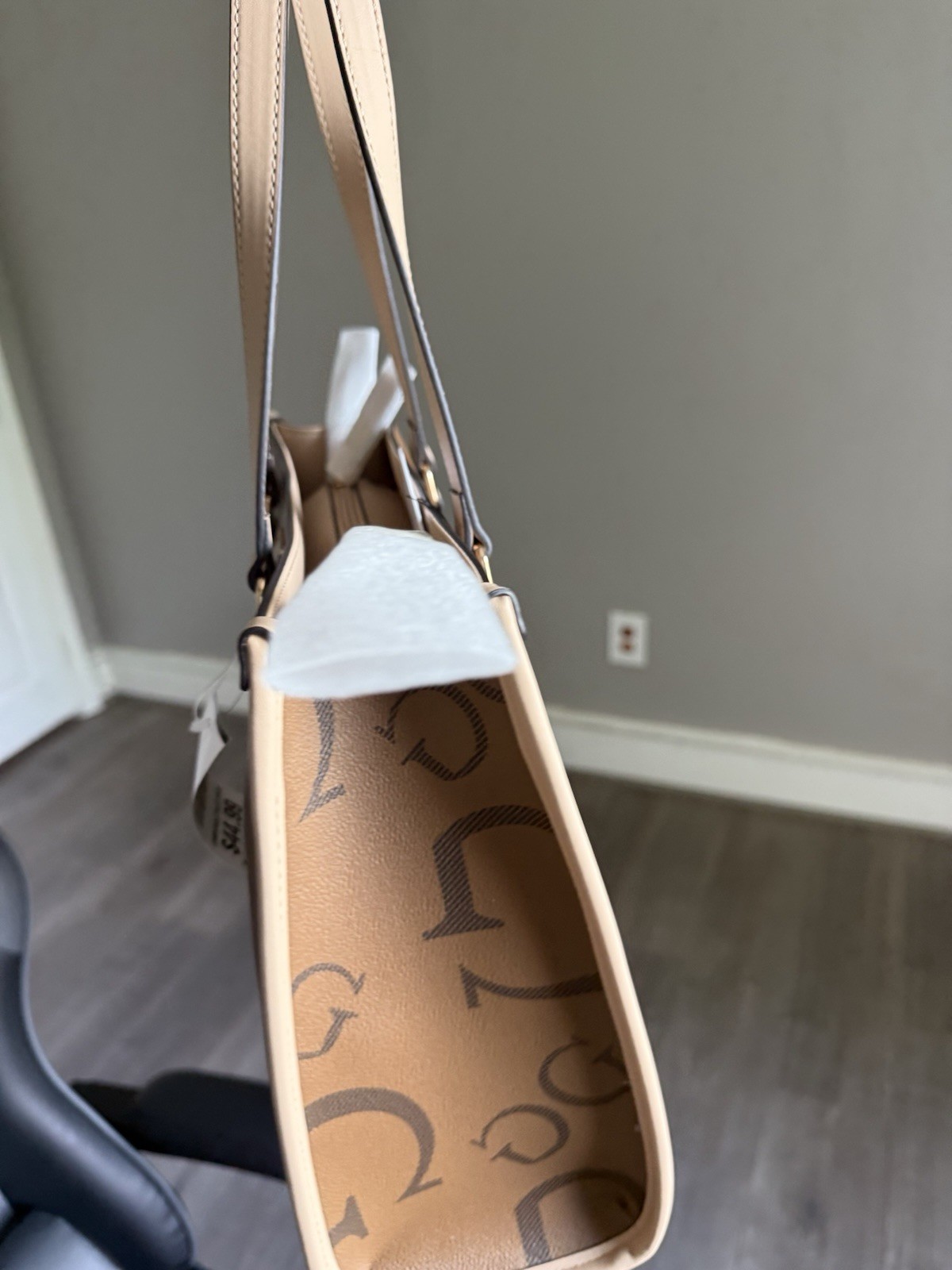 GUESS Large Brown Monogram Tote Beige Double Handles Open Top Gold Hardware