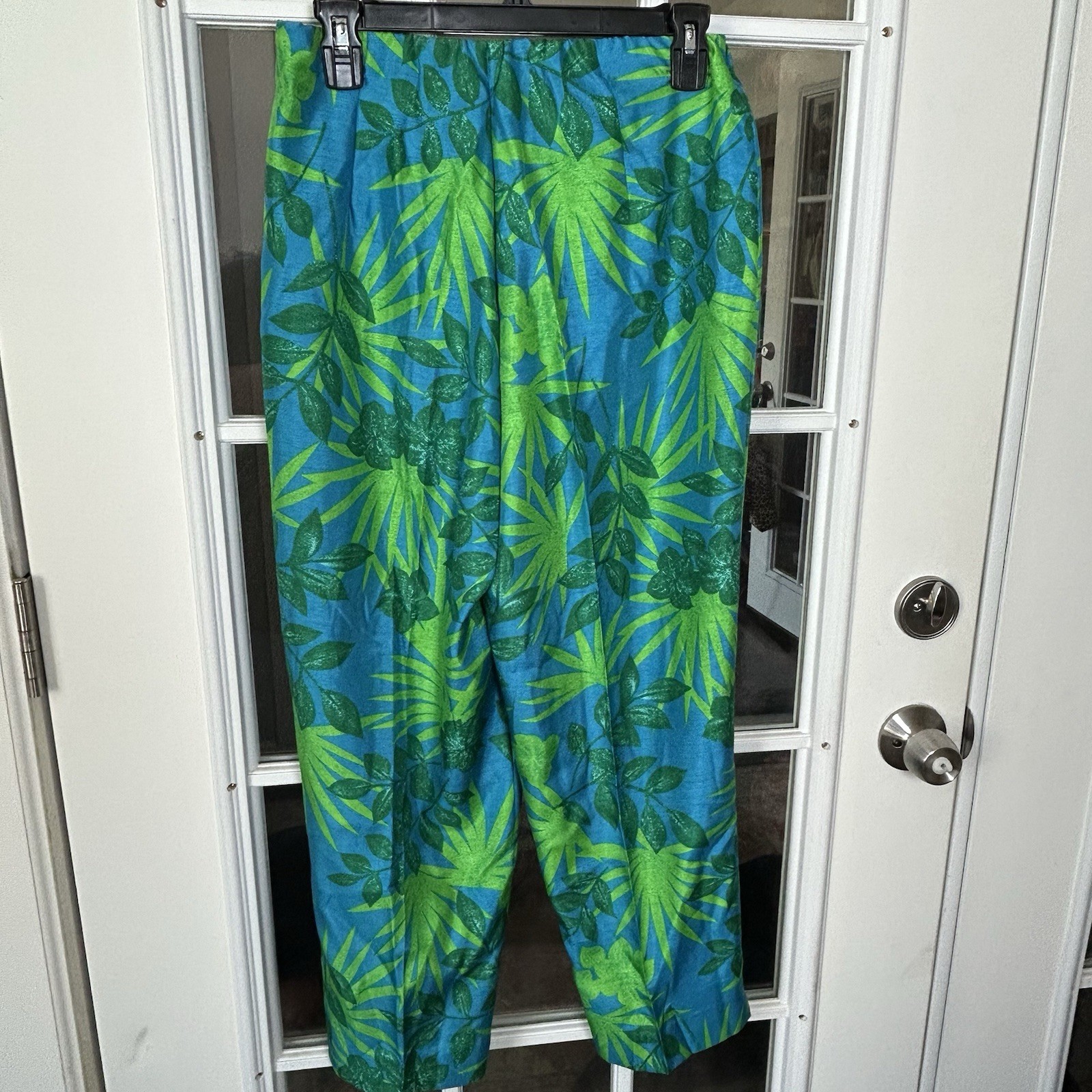 Vintage 80s 90s Tropical Palm Leaf Plant Cropped Pants Size 10 Bold Green Blue