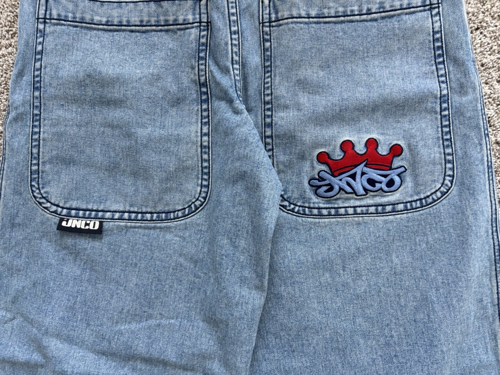 JNCO Men’s Blue Wide-Leg Denim Jeans Relaxed Fit Mid Rise Logo 5-Pocket