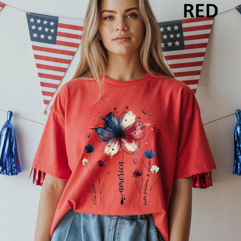 Comfort Colors American Floral Shirt Patriotic Wildflower USA 250th Tee