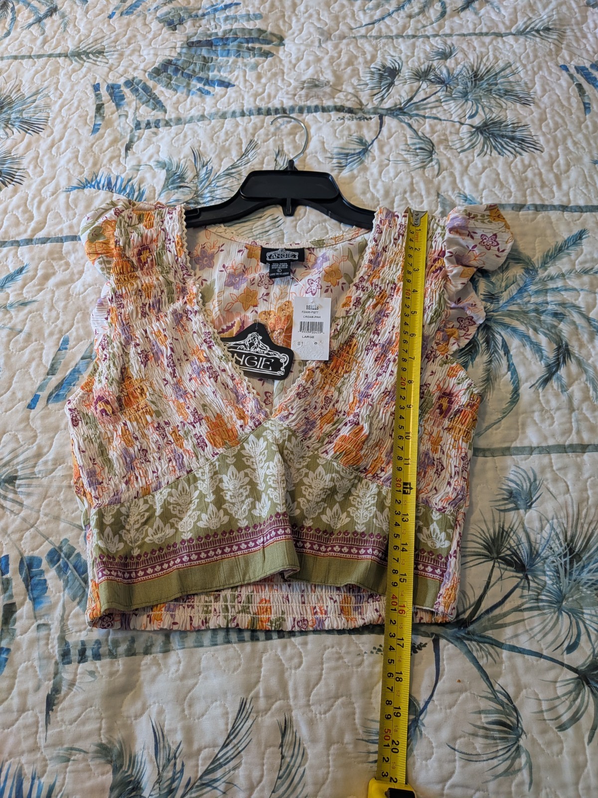 Angie Cap Sleeves Floral Print Low-Cut Crop Top Sz. L MISSES NEW (Runs Small)