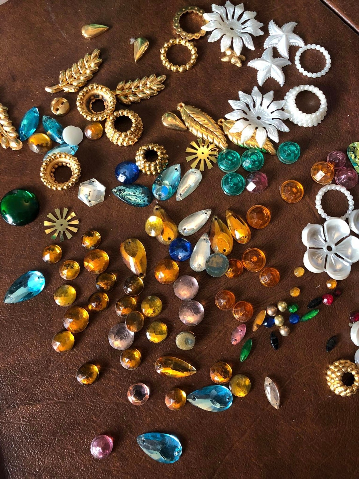 Enid Collins of Texas Replacement Glass Jewels, Gold Metal Leaves, Pearl Parts +