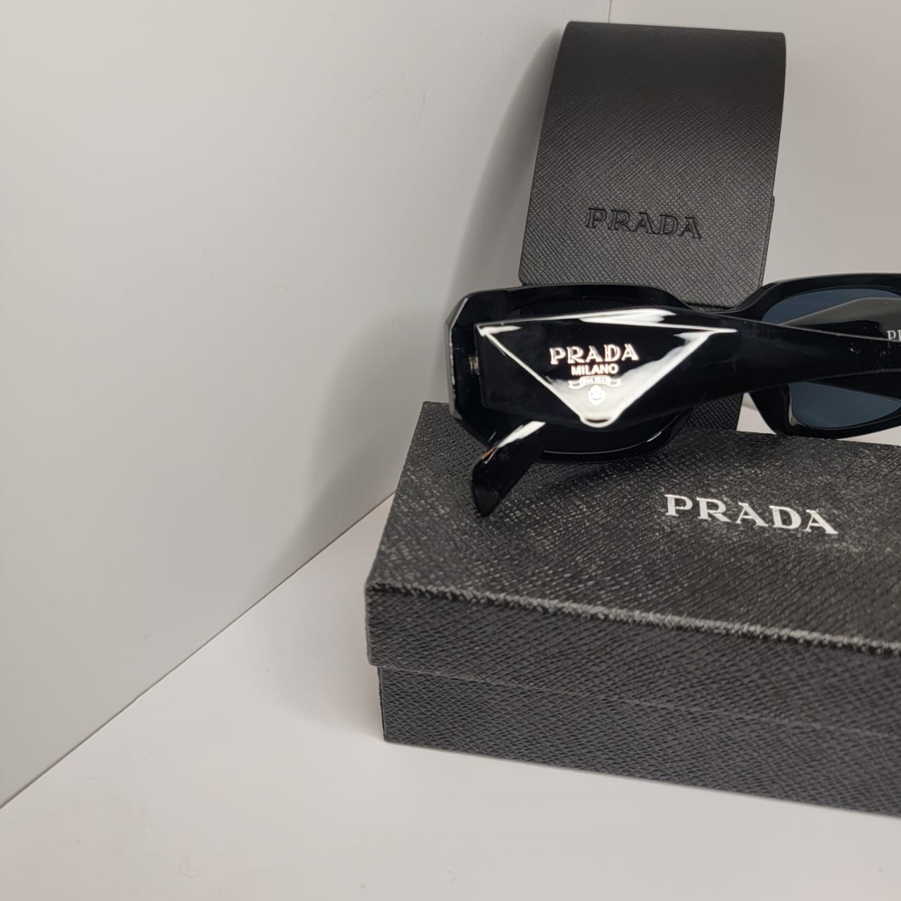 PRADA Milano Women’s Rectangular Chic Sunglasses Black Frame Gray Tinted UV400