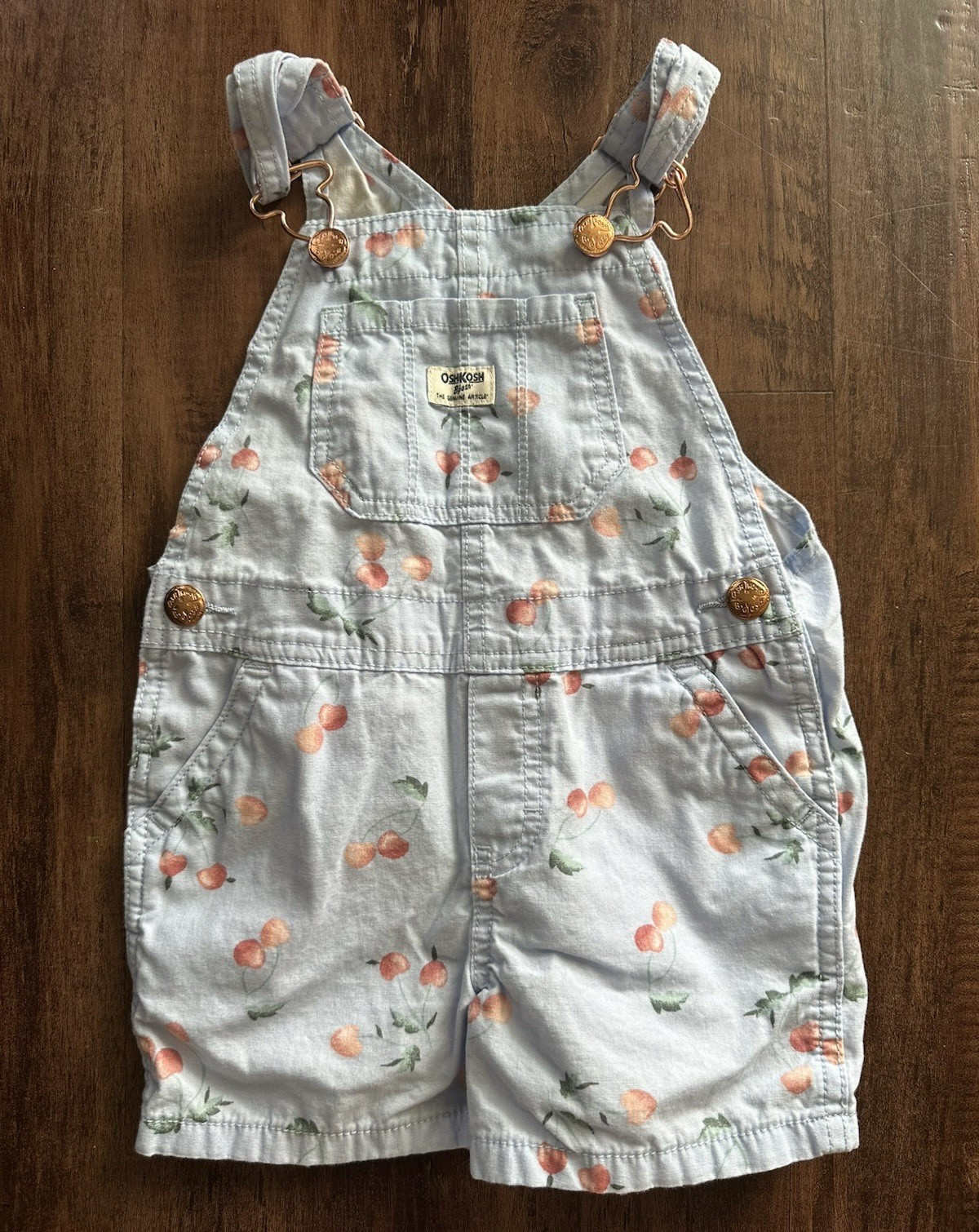 OshKosh B’gosh Girls 2T Denim Cherry Shortalls cherry Overalls Adjustable