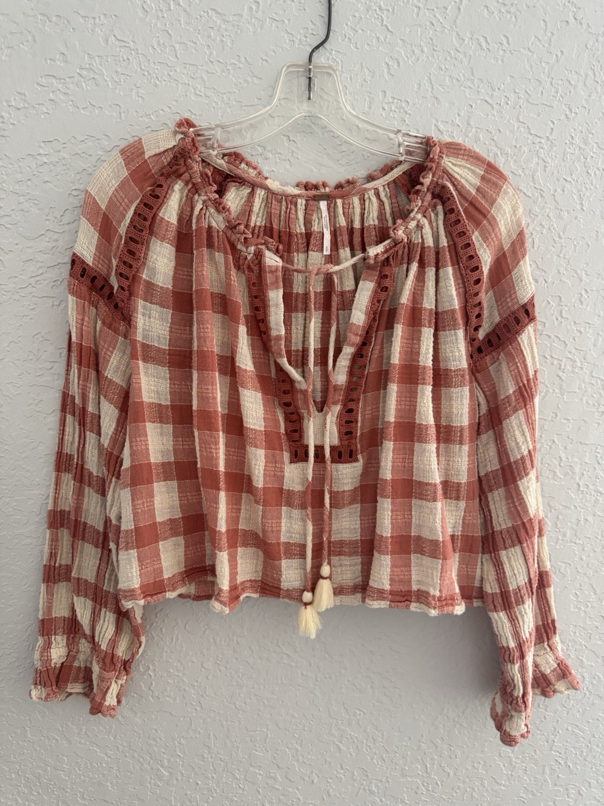 Free People Gingham Peasant Top Small Peachy Pink Cotton Boho Cottagecore Gauzy