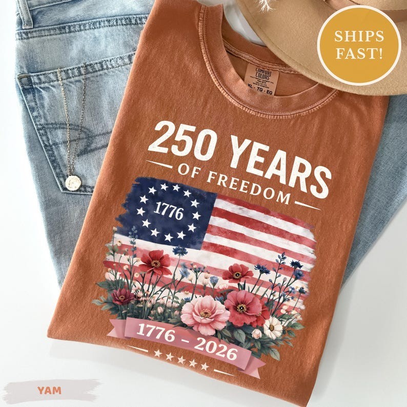 America 250 Years of Freedom Floral T-shirt, Woman 250th Anniversary Wildflower