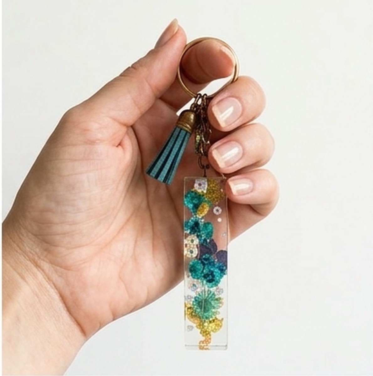 Handmade Floral Resin Keychain with Tassel and Charms