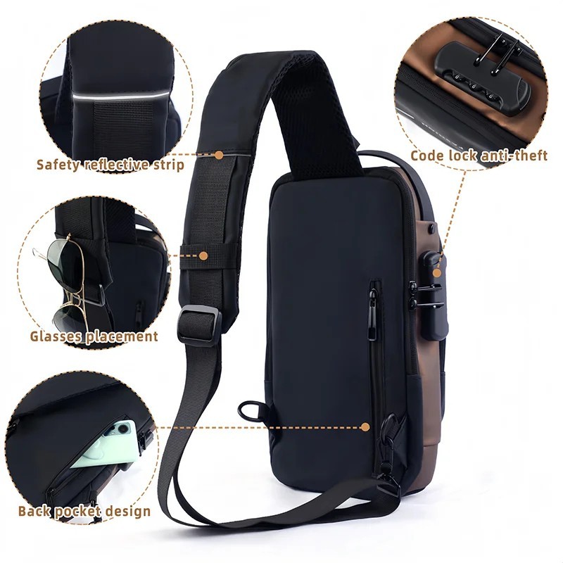 Men Anti Theft Chest Bag USB Charging Crossbody Sling Shoulder Travel Pack