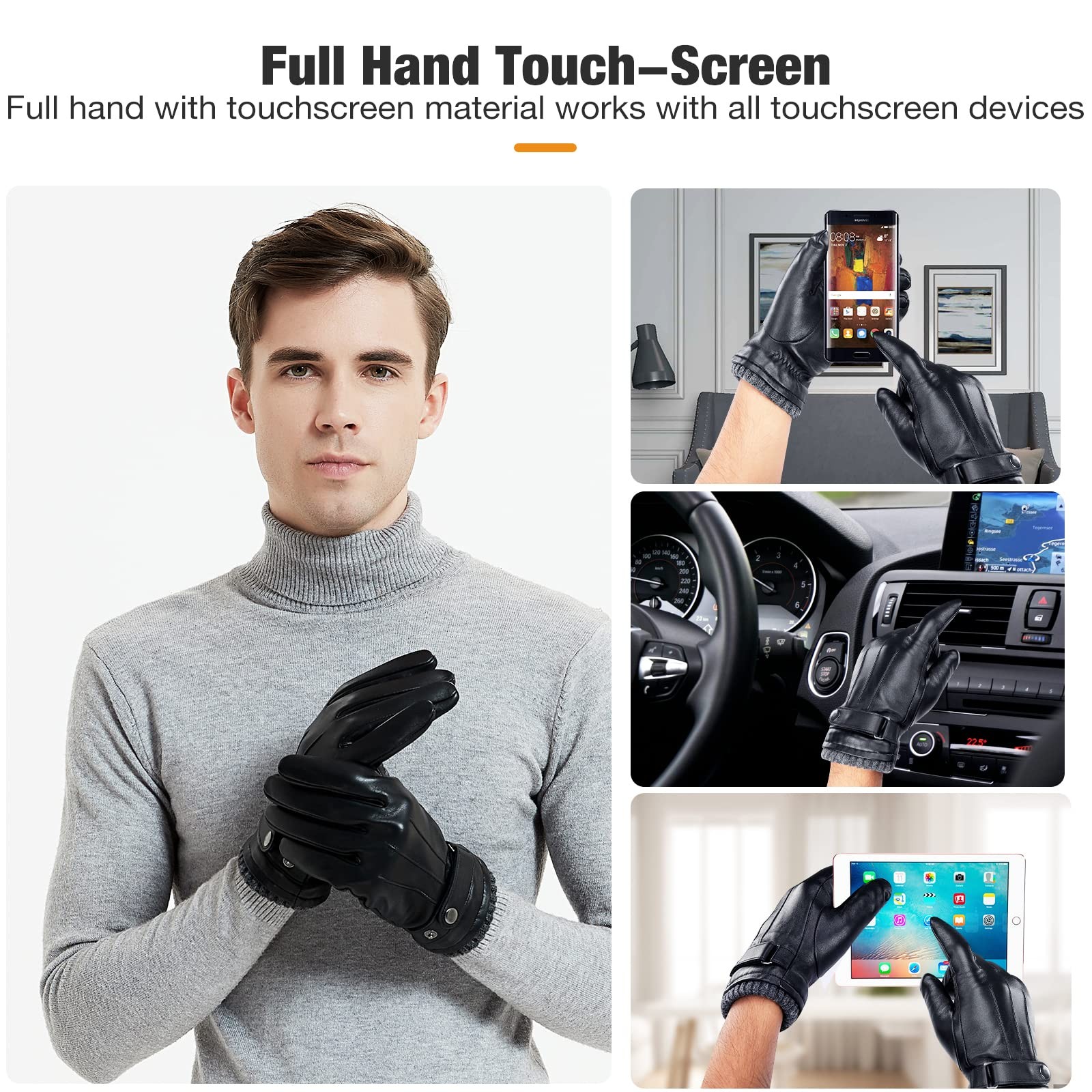 Sheepskin Leather Gloves for Men, Soft Warm Cashmere Lining Full Hand Touchsc…