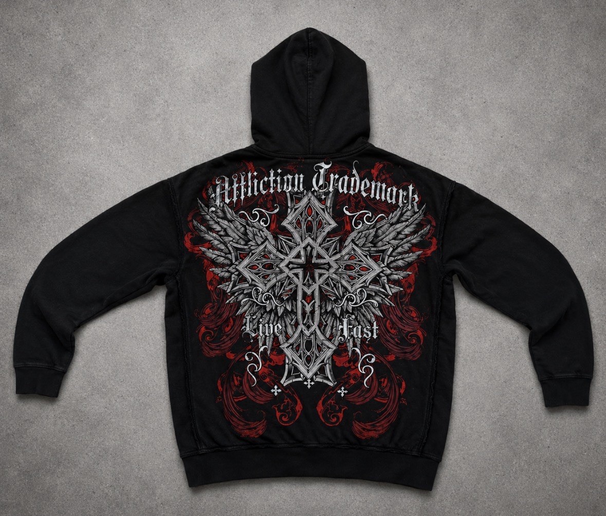 Affliction Style Cross Wings Hoodie Y2K Gothic Streetwear Black