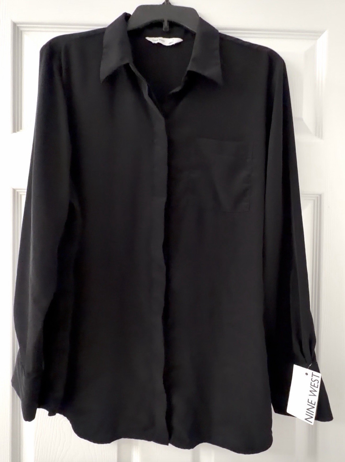 Nine West Men’s Black Solid Button-Front Collared Long Sleeve Shirt L