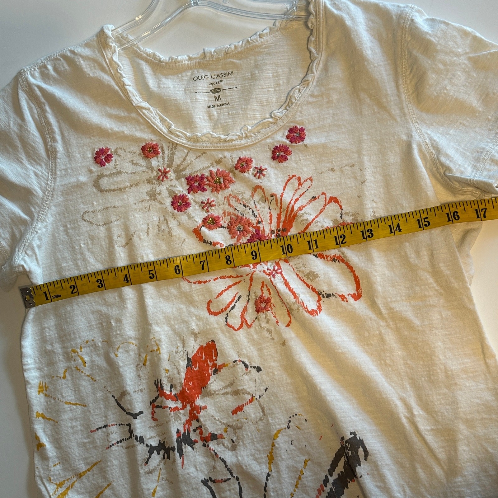 Oleg Cassini Sport Floral Vintage Tee Womens Medium White Embellished Casual Top