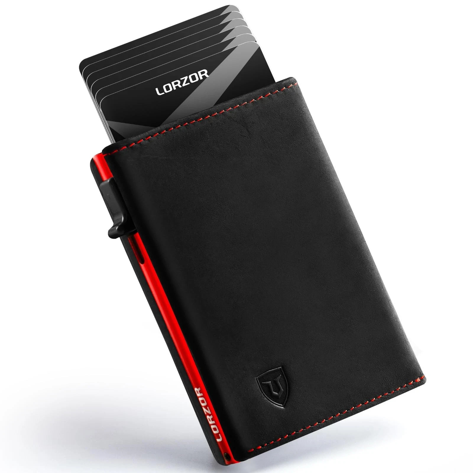 LORZOR Minimalist Leather Wallet – Full Grain Leather, Slim Pop-up Card Case