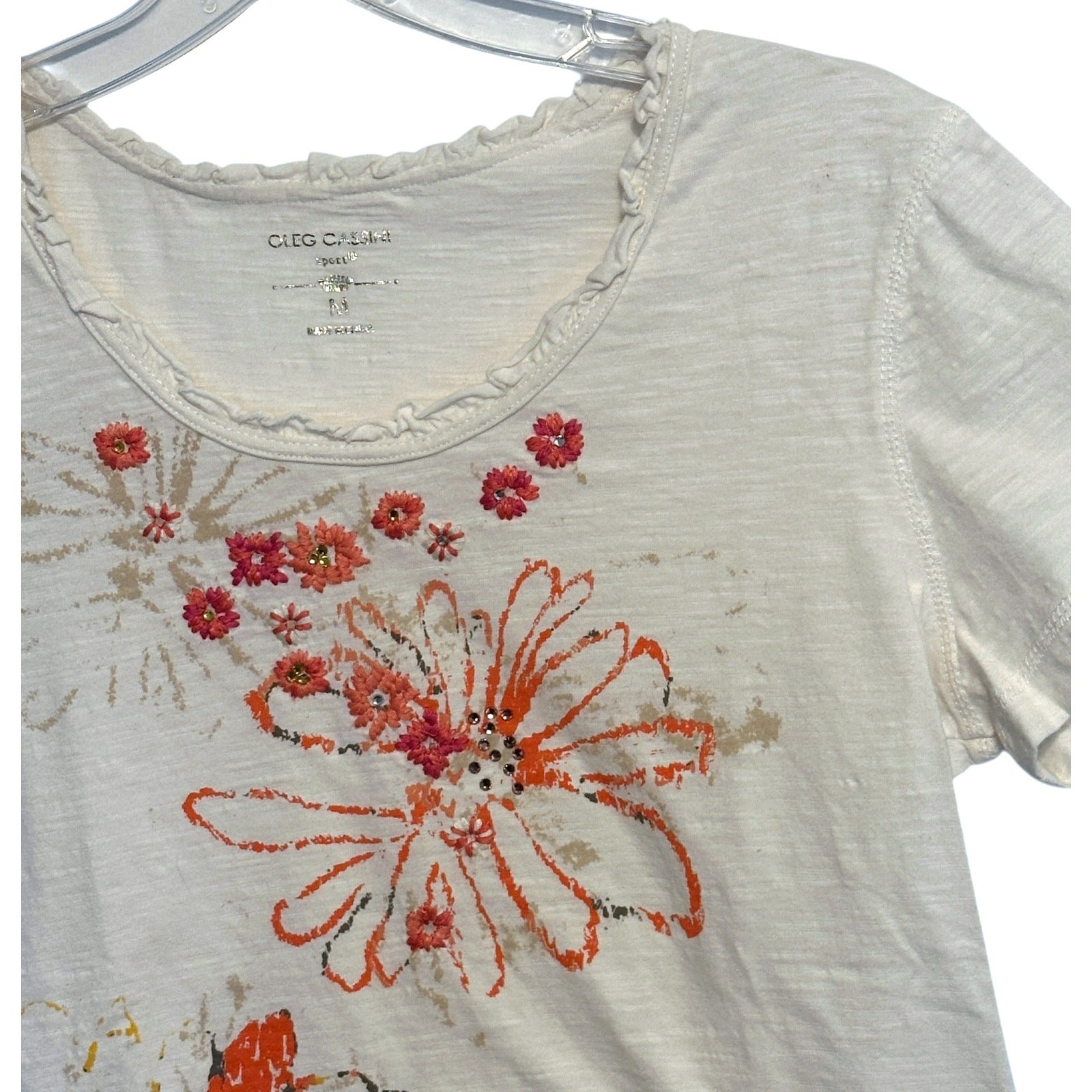 Oleg Cassini Sport Floral Vintage Tee Womens Medium White Embellished Casual Top