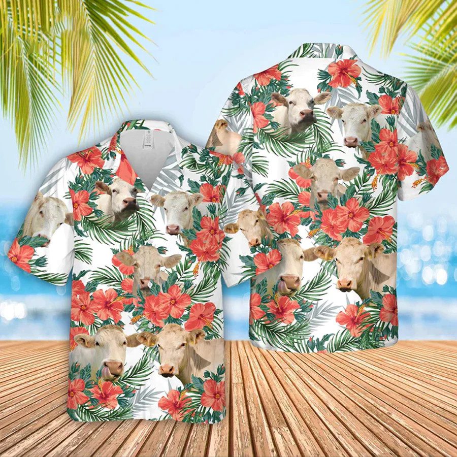 Charolais Cow No Horn Hawaiian Flowers Trendy Hawaiian Shirt, Gift For Farm