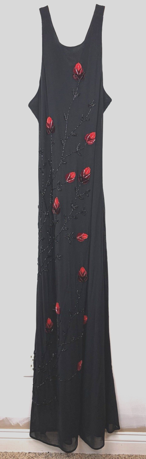 Y2K Cache Formal Dress Womens 10 Black Beaded Red Flowers Whimsigoth Event