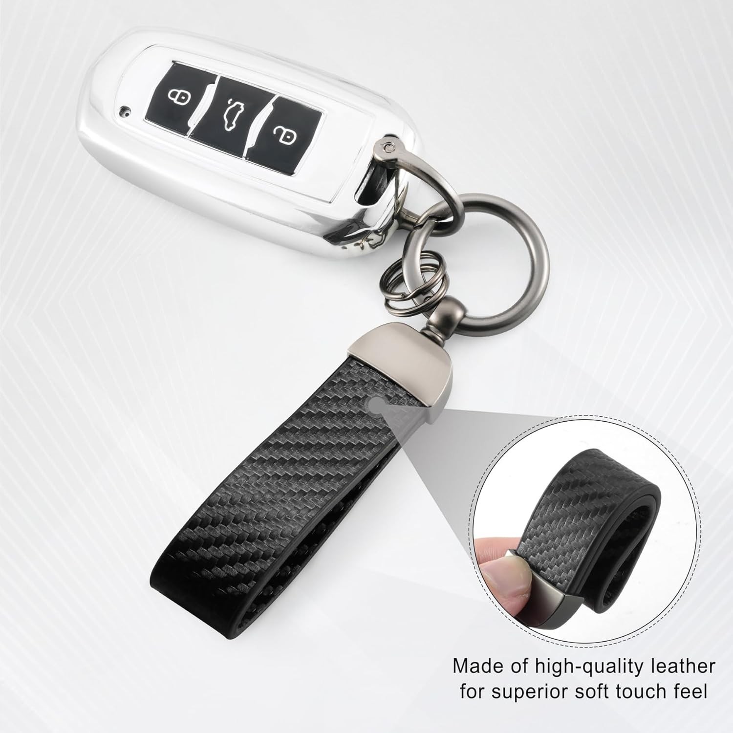 Leather Keychain, Carbon Fiber Car Key Chain with Anti-Lost D-Ring