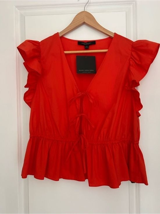 Andrew Marc Red Ruffle Tie-Front Peplum Blouse