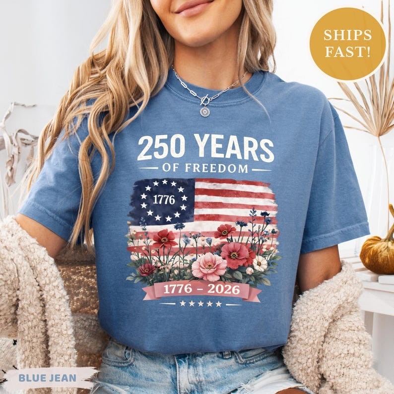 America 250 Years of Freedom Floral T-shirt, Woman 250th Anniversary Wildflower