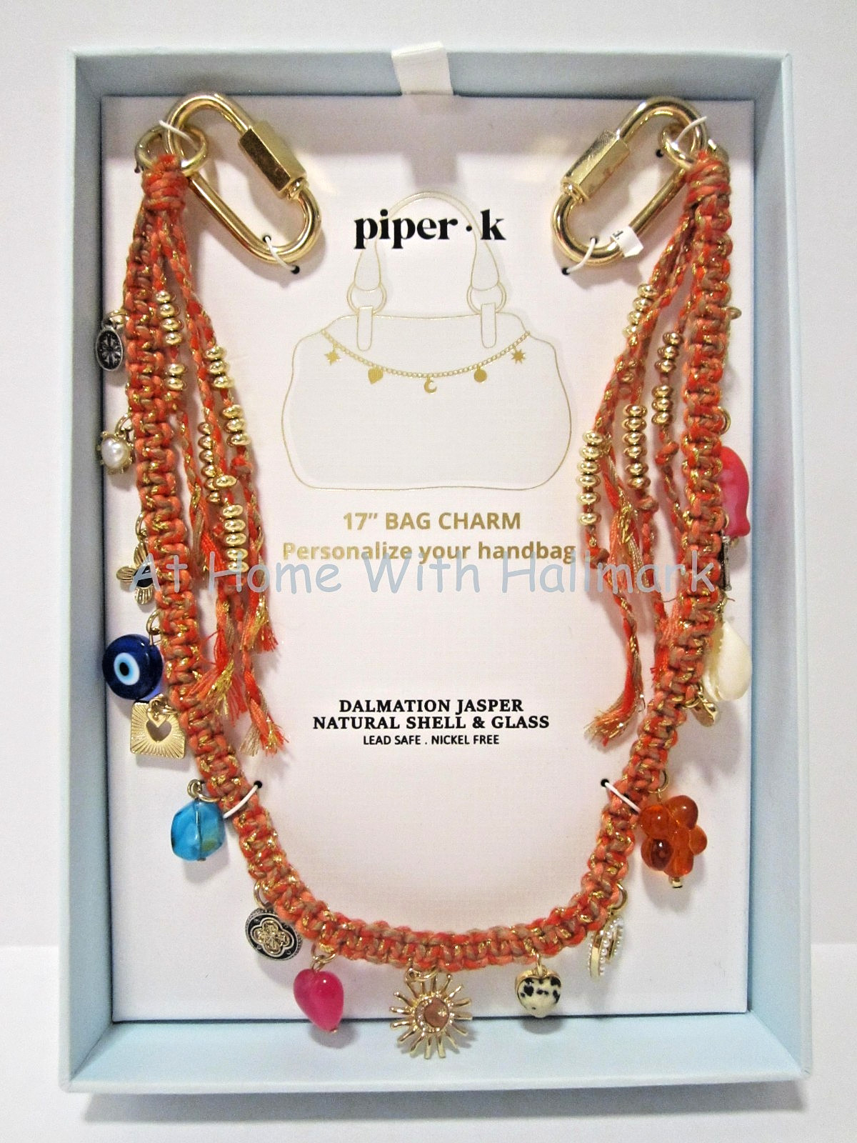 Piper K Bag Charm 17″ Handbag Accessory W/ Dalmation Jasper Natural Shell Glass