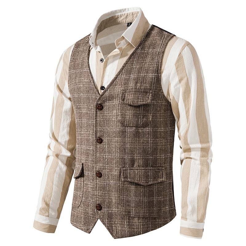 Men’s Plaid Tweed Vest Vintage Single-breasted Waistcoat England Style Suit Vest