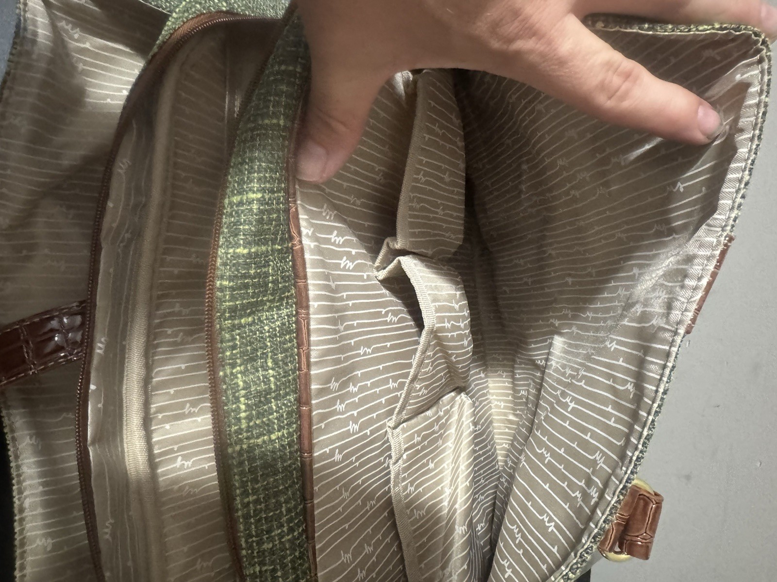 Samantha Brown Green Tweed Satchel Top Handle, Zip, Detachable Strap