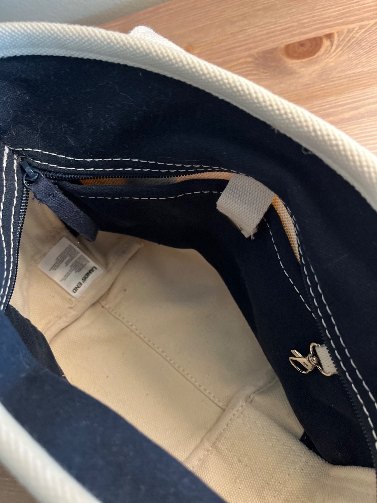 Small Natural 3 Pocket Zip Top Long Handle Lands End Canvas Tote Bag