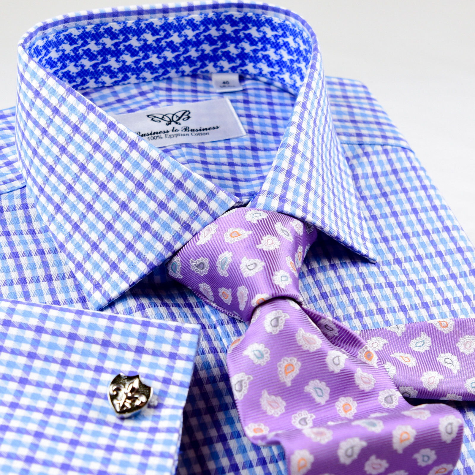 Blue Check Business Dress Shirt Gingham Check Designer Formal Top Fashion Style