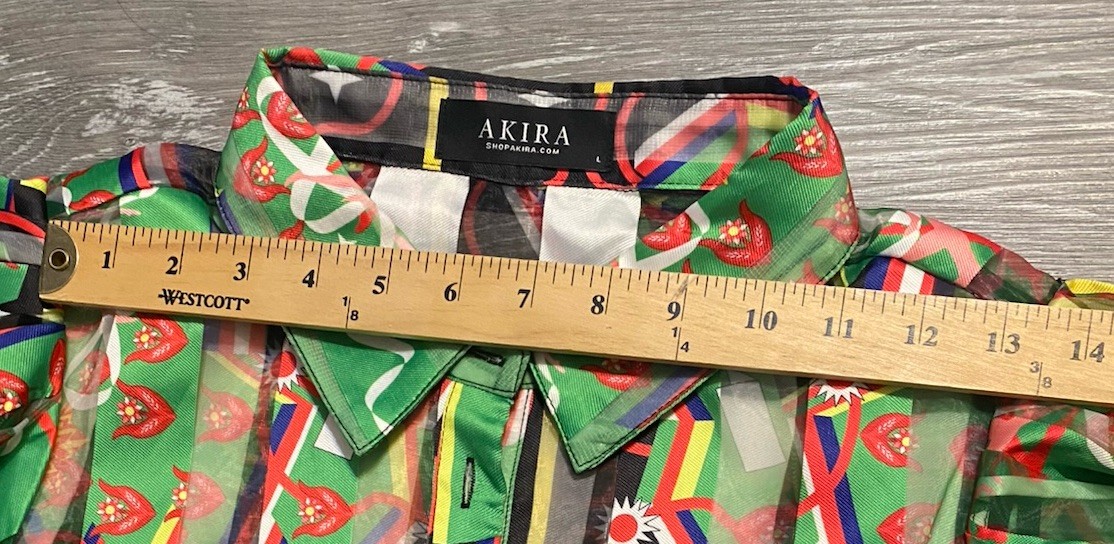 Akira Womens Collared Long Balloon Sleeve Button Front Top Colorful Sheer EUC