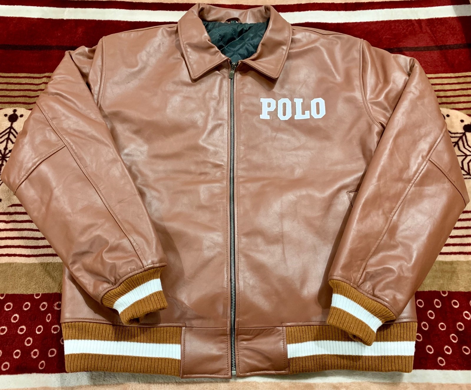 Men’s Brown Leather Bomber Jacket Zip Up Rib Knit Casual Coat.