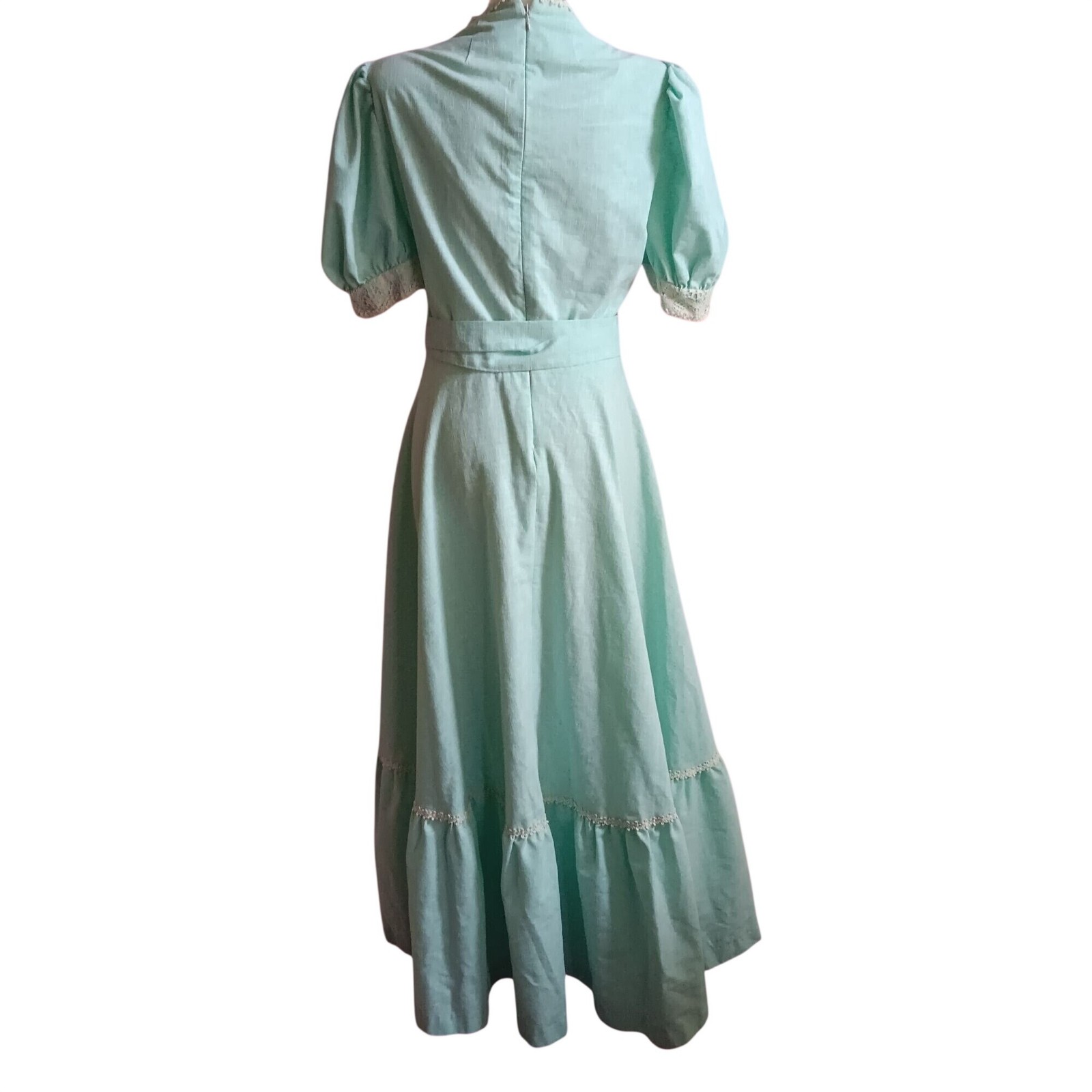 True Vintage Prairie Maxi Dress sz 8 1970s Boho 1OF1 Lace Puff Sleeves Green