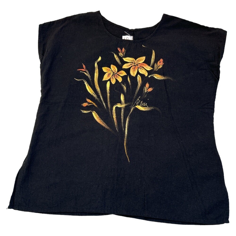 Vintage Celine Hand Painted Maui Tunic Cap Sleeve Top Size Black Size XL