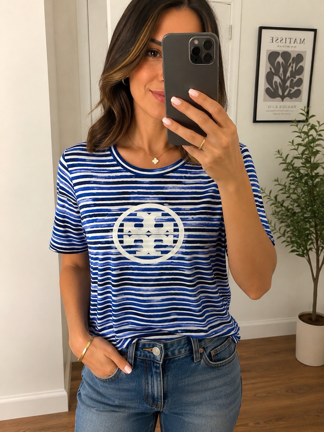 Tory Burch Women’s Blue White Striped Logo T-Shirt Top Size S New Without Tags