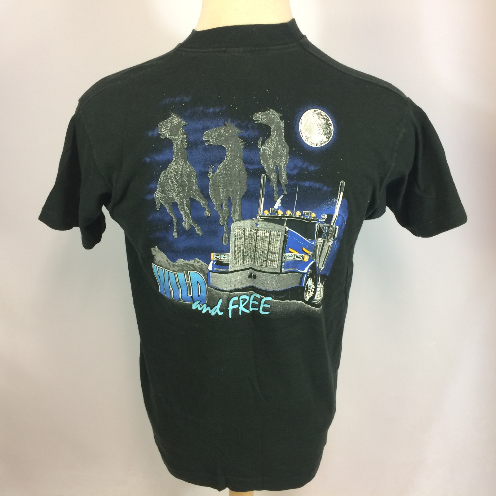 Vintage 80s 90s Black Trucker Motorcycle Horse Moon Distressed Pocket T Shirt