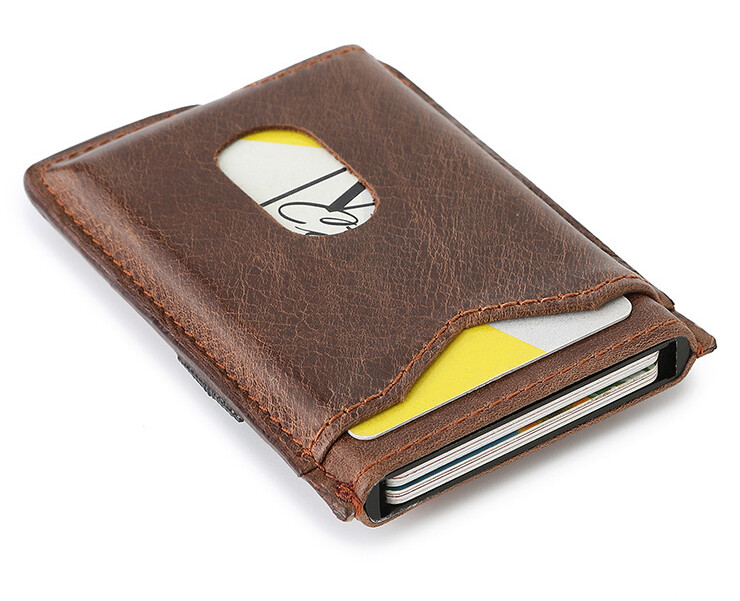 Genuine Leather Slim Minimalist Wallet for Men,RFID Aluminum Pop Up Card Holder
