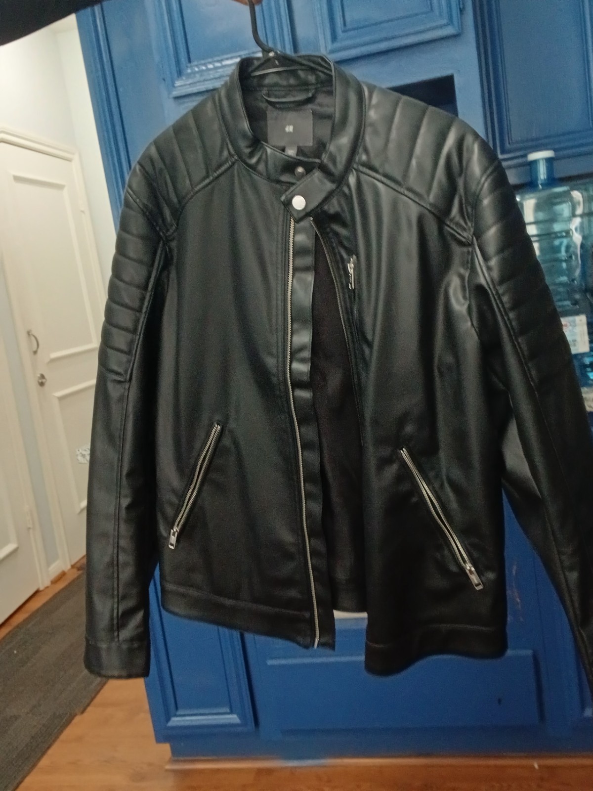 H&M Men’s Black Biker Jacket Full Zip Band Collar Size L Regular Fit
