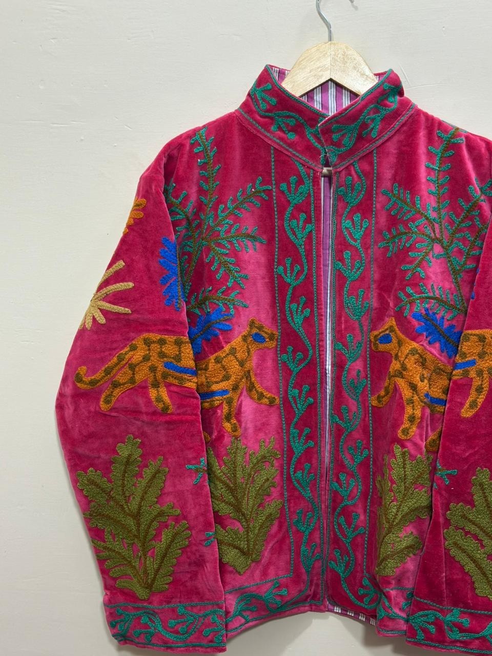 Pink Velvet Suzani Jacket Leopard Animal Embroidered Ethnic Women Boho Coat US