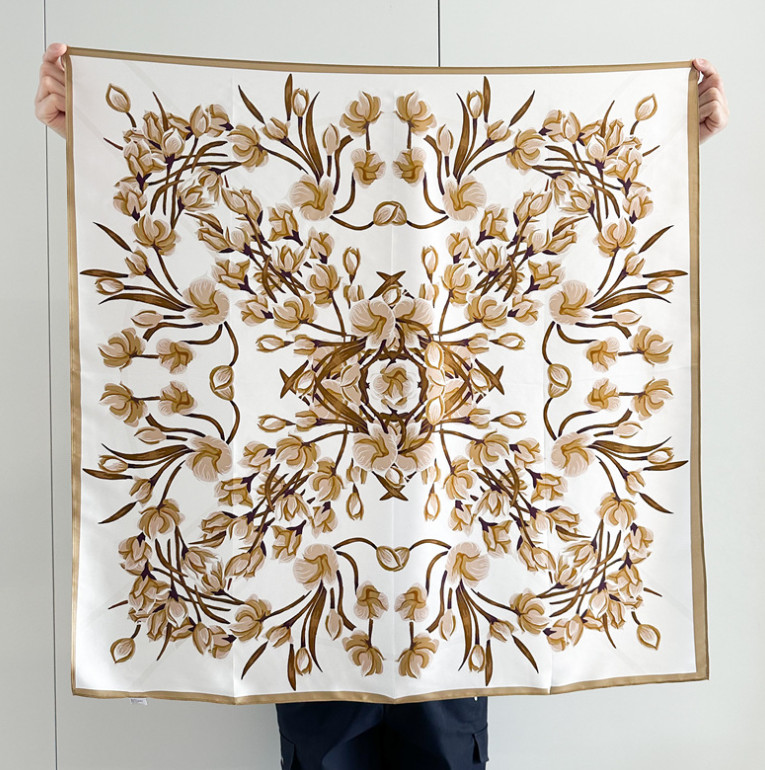 100% Silk Mulberry 35” Scarf For Women Neckerchief Wrap Flower branches Print